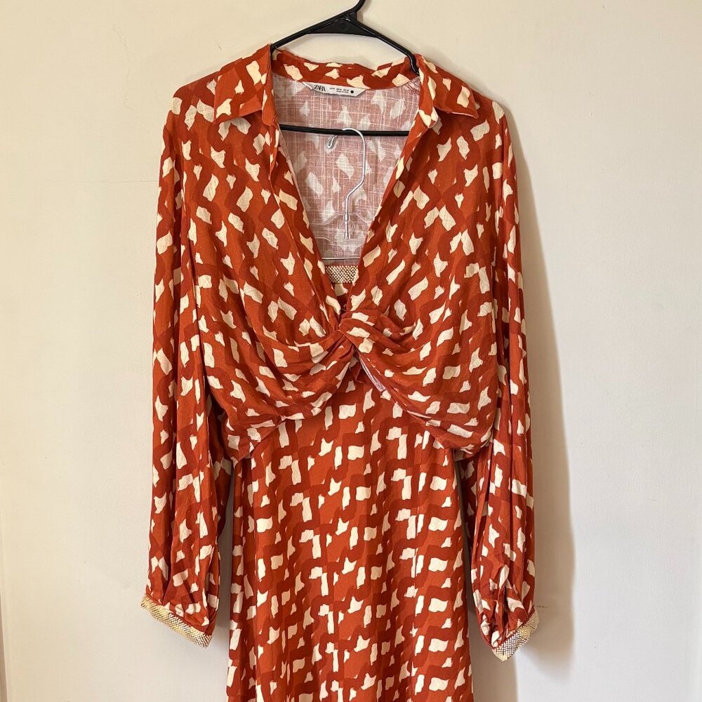 Zara Linen Blend Beaded Maxi Skirt & Twist-Front Top Terracotta Size M